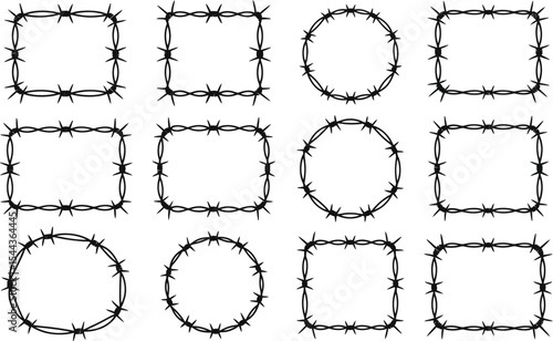 Collection of black barbed wire frame shapes including squares rectangles and circles in various forms