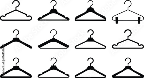 Collection of black and white silhouette illustrations of diverse clothes hangers with various designs
