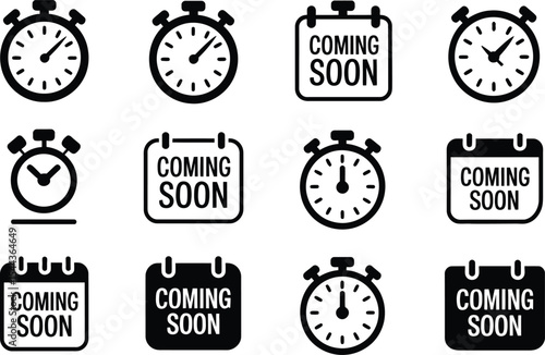 Vector illustration of timers and calendars featuring "coming soon" text elements