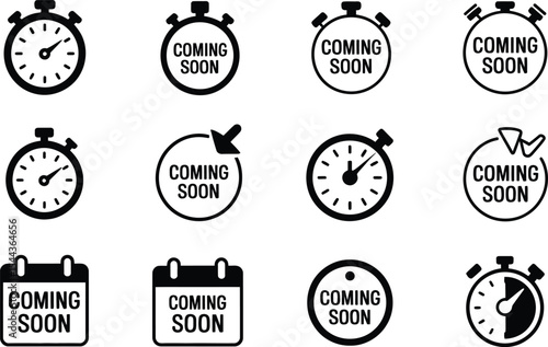 Collection of coming soon typography designs displaying stopwatches and calendars in simple black and white graphics