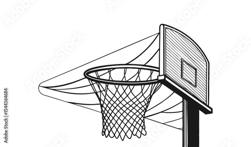 Line art drawing of a basketball hoop and net