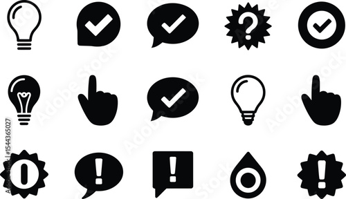 Simple vector icons representing ideas, selections, questions, warnings, and other informative symbols.