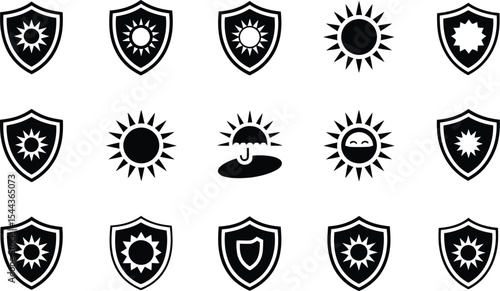 A collection of sunshine and sun protection shield icon designs in black and white