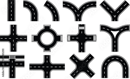 Vector illustration set of various black roadway and street segment designs and road junctions