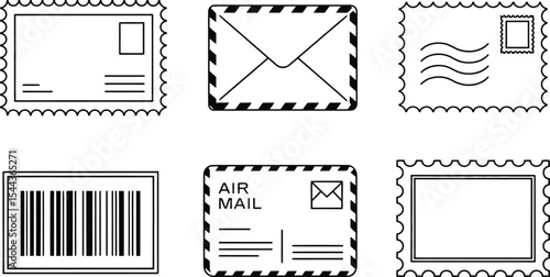 Collection of postal elements and mail icons representing envelopes postage stamps and barcode
