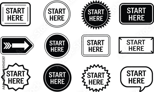 Diverse collection of "start here" signs and buttons for marketing and guidance