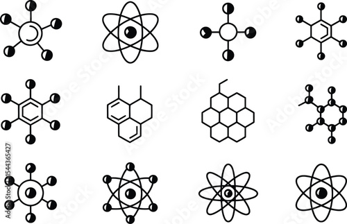 Black and white illustration featuring various atomic and molecular structures with clean lines