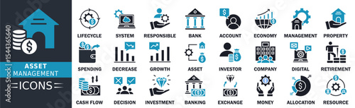 Asset Management icon set. Containing finance, investment, technology, growth, corporate, and more. Solid vector icons collection