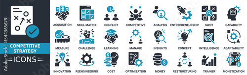 Competitive strategy icon set. Containing Acquisition, Skill Matrix, Conflict Resolution, Competitive advantage, competitor analysis, swot analysis and more. Solid vector icons collection