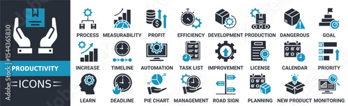 Productivity icon set. Containing efficiency, dangerous. production, development, process, increase, timeline and more. Solid vector icons collection