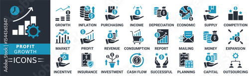 Profit Growth icon set. Containing financial, investment, success, economy, opportunity, and more. Solid vector icons collection