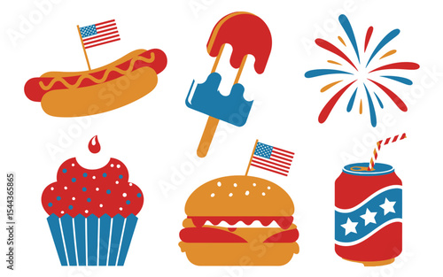 Set of american patriotic food and drink icons for independence day celebrations