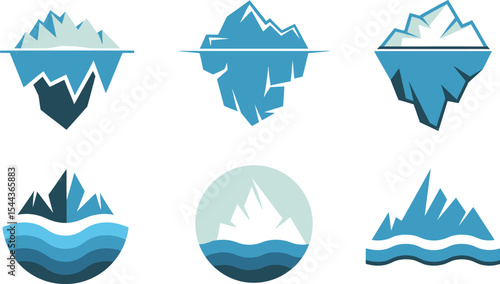 Set of stylized iceberg illustrations depicting oceanic landscape and arctic environment elements.