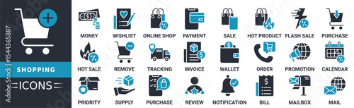 Shopping icon set. Containing money, wish list, sale, payment, online, hot sale, remove, tracking and more. Solid vector icons collection