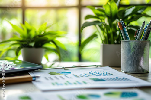 Close-up of a sustainability consultant's desk with sustainability reports and green building plans, illustrating a job in sustainability consulting