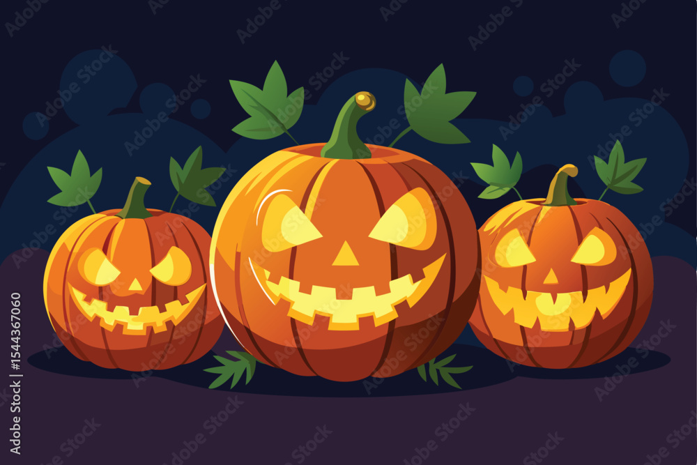 Three vibrant jack-o'-lanterns, carved with menacing faces, are set against a dark, mysterious night backdrop. Three vibrant jack-o'-lanterns, carved with menacing faces, are set against a dark, mysterious night backdrop.