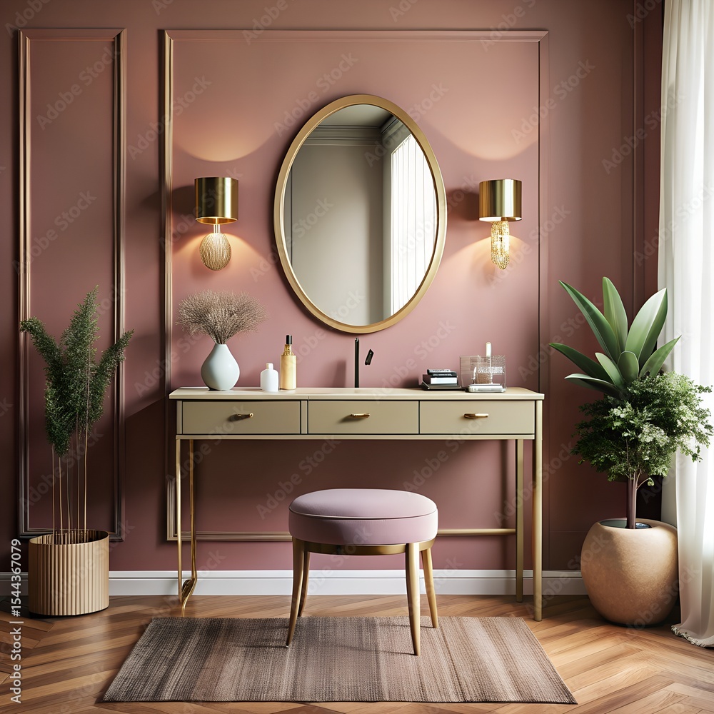 Stylish vanity area with dusty rose wall and oval art, Elegant vanity space featuring dusty rose wall and oval decorative artwork
Stylish vanity area with dusty rose wall and oval art, Elegant vanity space featuring dusty rose wall and oval decorative artwork