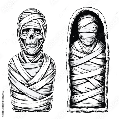 This black and white line art features a mummy figure and a sarcophagus, both intricately detailed with wrapping bandages.