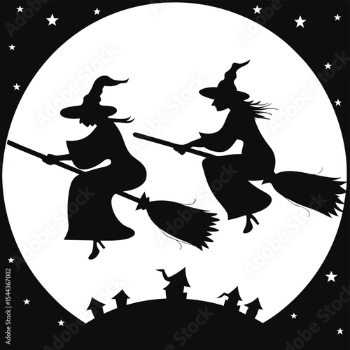 Silhouette of two witches flying on broomsticks against a full moonlit night sky.