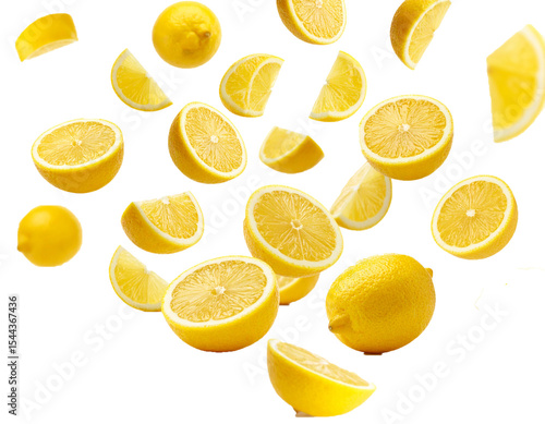 Fresh whole and sliced lemons floating on white background