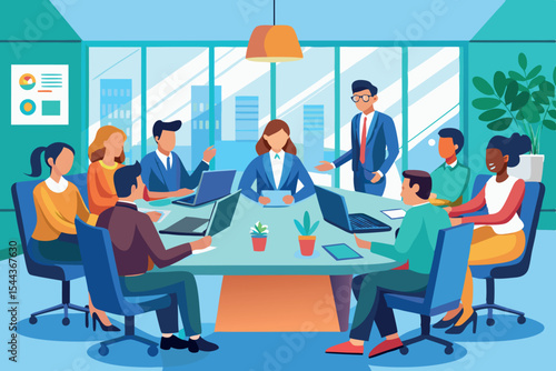 Business meeting in a modern conference room with diverse team members collaborating on a project
