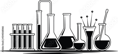 Black and white illustration of various laboratory glassware and equipment for scientific research