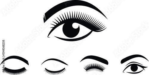 Vector illustration of stylized eyes in various states open and closed representing beauty and aesthetics.