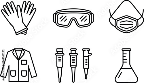 Vector illustration of essential laboratory tools and protective equipment in black and white