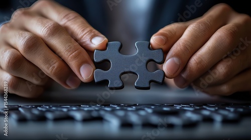 A businessman using a laptop with a jigsaw icon to represent problem-solving, leadership strategies, and decision making
