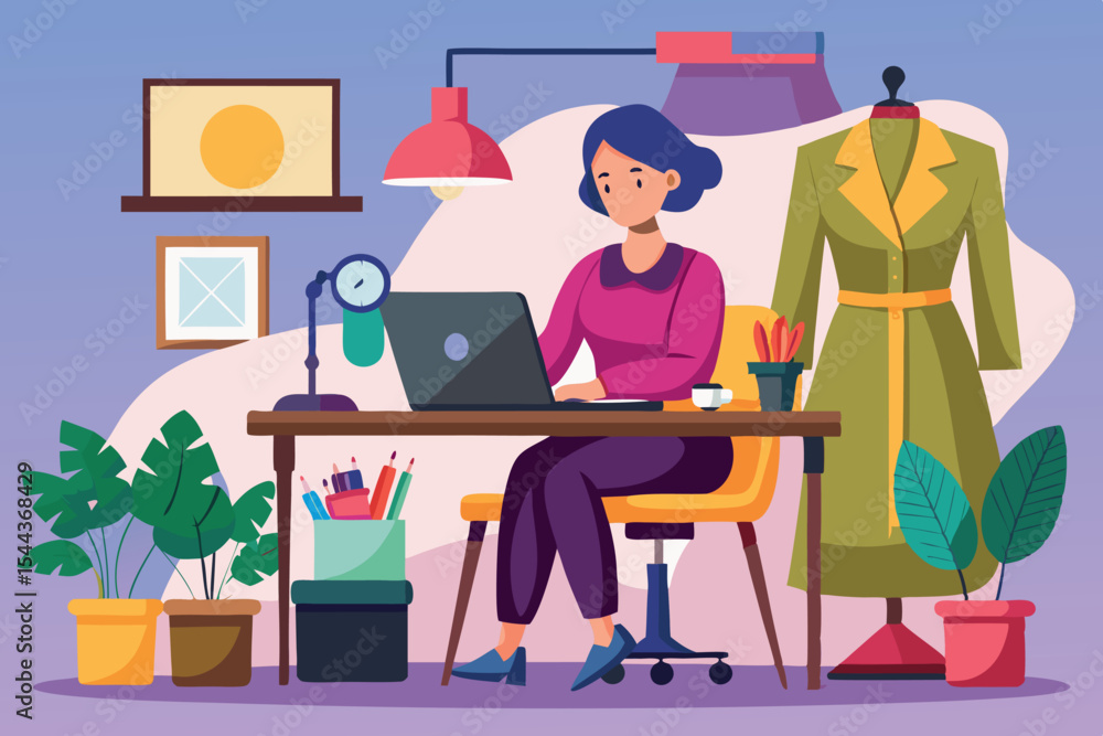 Fototapeta premium Creative workspace with a focused woman working on a laptop, surrounded by plants and fashion items in a modern setting