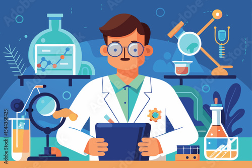 Scientist working in a laboratory surrounded by equipment and experiments