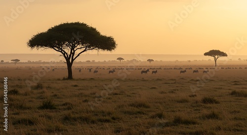 Serengeti Sunrise: A Breathtaking Panorama of African Savanna with Zebras Grazing Under Golden Light