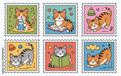 Adorable cartoon cat stamps collection featuring various activities and expressions in colorful design