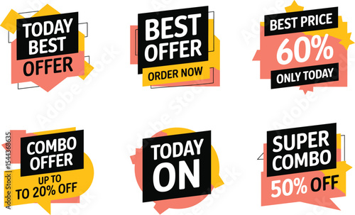 Collection of colorful promotional sale badges with various discounts and appealing call to actions for marketing.