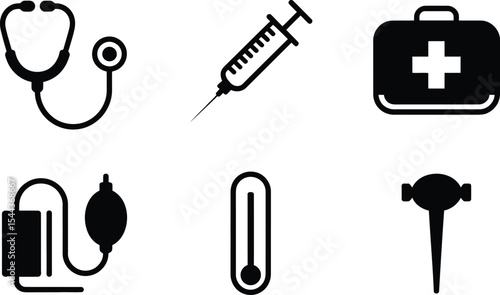 Medical equipment icon set featuring stethoscope syringe first aid kit sphygmomanometer thermometer and otoscope