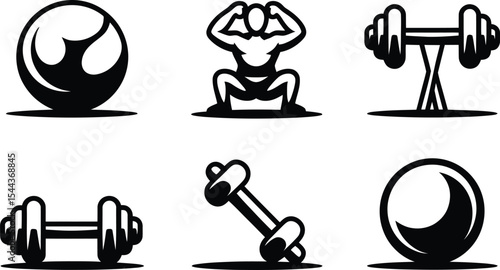 Black and white fitness icon collection depicting workout equipment and exercises for health and strength