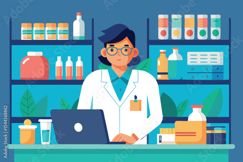 Professional pharmacist working in a modern pharmacy with various medicines and products displayed behind the counter