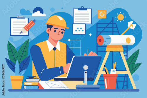 Construction worker using laptop for project planning in a bright office