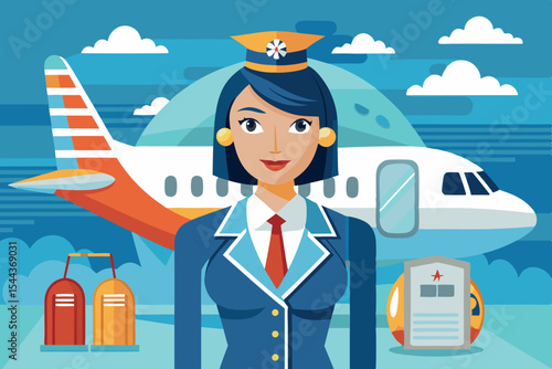 Flight attendant stands proudly in front of an airplane at the airport in a bright and colorful illustration setting
