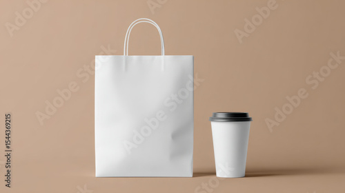 Mockup of white paper bag and coffee cup.