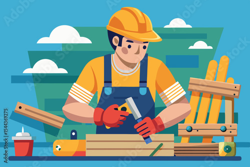 Craftsman engaged in woodworking activity in a workshop environment with tools and materials