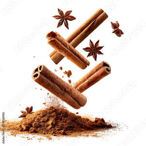 Cinnamon sticks star anise and ground cinnamon isolated on transparent background