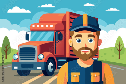 Friendly truck driver standing beside a large red truck on a sunny day in a rural setting