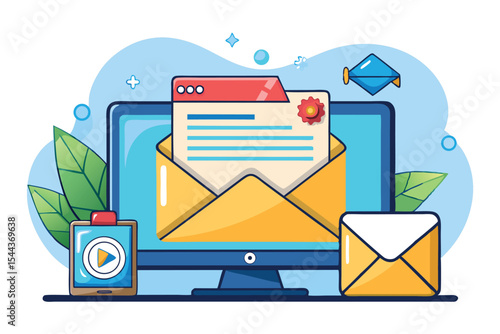 Illustration showing digital communication with email, computer, and mobile device