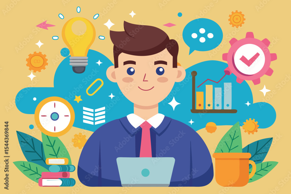Illustration of a focused individual working on a laptop surrounded by elements of productivity and creativity Illustration of a focused individual working on a laptop surrounded by elements of productivity and creativity