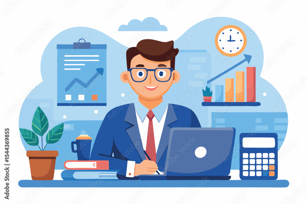 Business professional working at modern office desk with laptop and documents while monitoring progress in the background Business professional working at modern office desk with laptop and documents while monitoring progress in the background