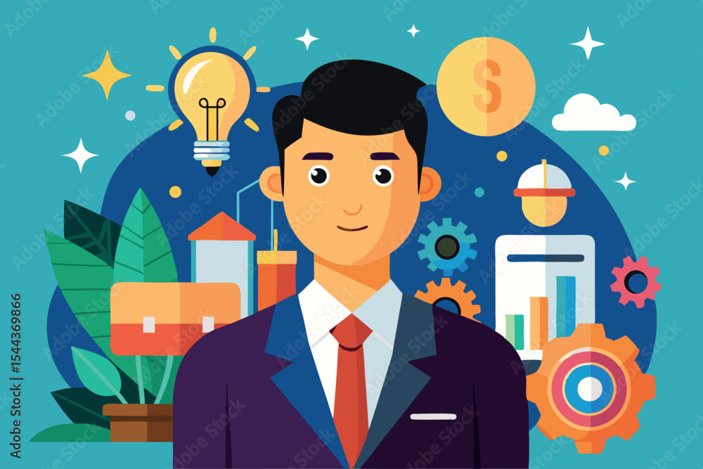 Business professional with innovation and finance elements in background Business professional with innovation and finance elements in background