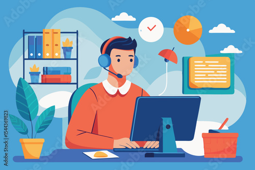 Person working at a desk wearing headphones and using a computer in a home office during the day