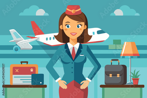Flight attendant in uniform standing at an airport with luggage and an airplane in the background