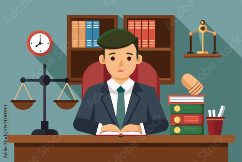 Lawyer studying law books in an office with legal decor